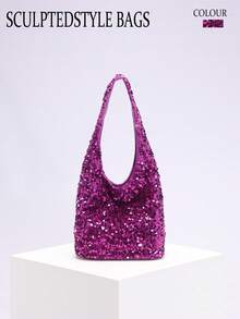 1个紫色时尚亮片单肩包，小众奢华水桶包，机车风性感女士款，通勤百搭高端OL手提包 - 紫色 - 查看 1