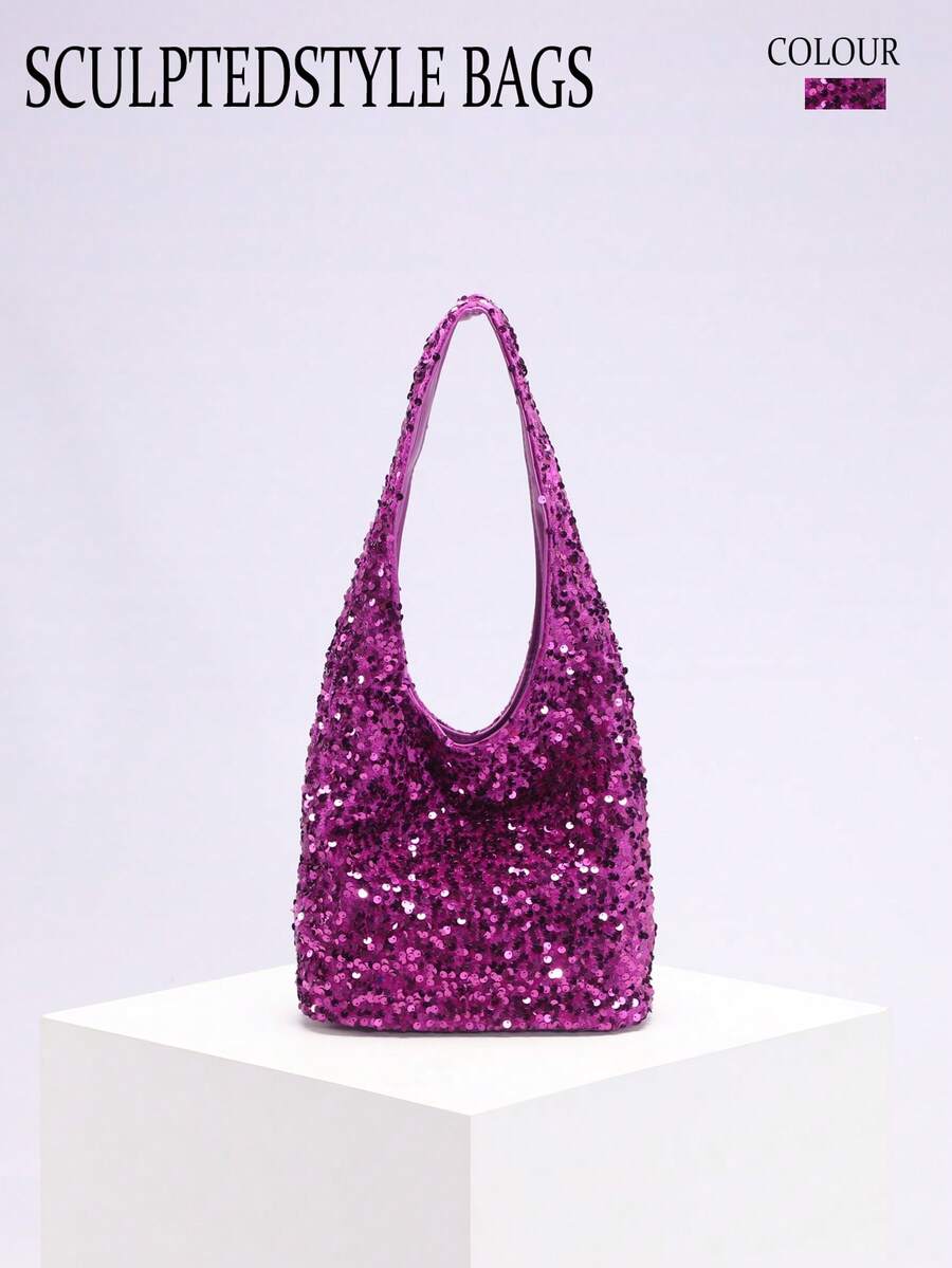 1个紫色时尚亮片单肩包，小众奢华水桶包，机车风性感女士款，通勤百搭高端OL手提包 - 紫色 - 查看 1