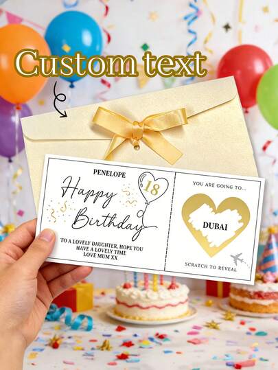 1 Thẻ cào sinh nhật hình trái tim vàng in chữ tùy chỉnh, Thẻ lên máy bay trải nghiệm du lịch cá nhân hóa, Vé cào tùy chỉnh làm quà tặng du lịch, Thẻ cào thiết kế trái tim vàng và kim tuyến kèm phong bì, Quà tặng cá nhân hóa