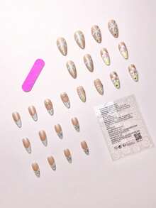 24Pcs/Set Almond Shaped Elegant 3D Starfish & Waterdrop Flower Golden Beads Press-On Artificial Nails With 1Pc Jelly Gel And 1Pc Nail File, Touch For Daily Dates Nail Supplies Nails - Multicolor - View 3