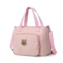 1pc Pink Rabbit Applique Nylon Handbag, Zipper Closure, Suitable For Moms & Students, Daily Use - Multicolor - View 2