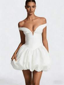 Off-The-Shoulder Dress With Straight Shoulders, Fitted Silhouette, And Sexy Drop Shoulders Featuring Puff Sleeves And A Bud-Shaped Skirt - 白色 - 查看 1