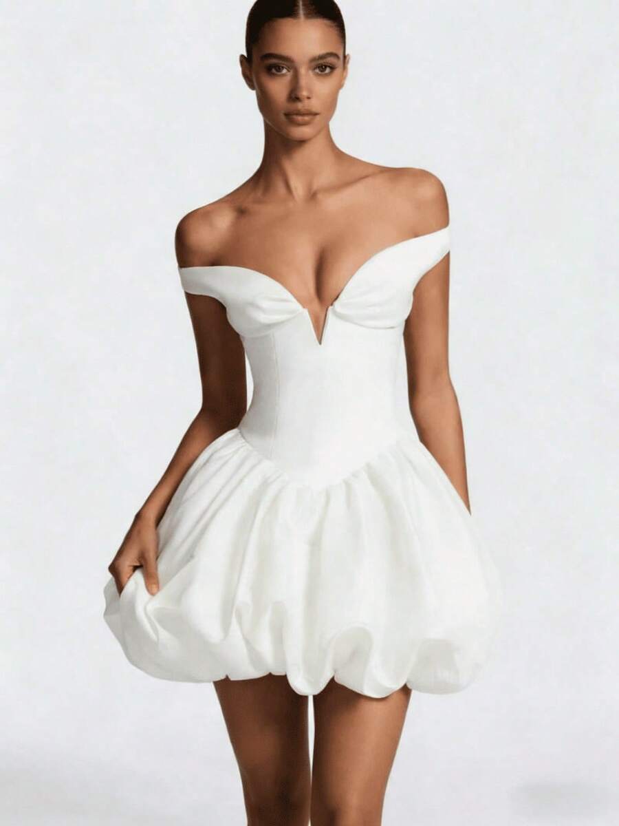 Off-The-Shoulder Dress With Straight Shoulders, Fitted Silhouette, And Sexy Drop Shoulders Featuring Puff Sleeves And A Bud-Shaped Skirt - 白色 - 查看 1
