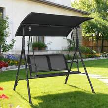 Columpio de exterior con estructura de acero estable - Mayor con soporte triangular - Toldo ajustable para protección solar - Ideal para patio, jardín o patio trasero - C - Ver 6