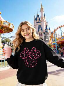 1pc Disney Valentine's Day Minnie Mouse Heart-Patterned Ear & Bow Graphic Tween Girls Cute Sweatshirt - Soft & Versatile, Ideal For Daily Wear & Valentine's Celebrations - 黑色 - 查看 2