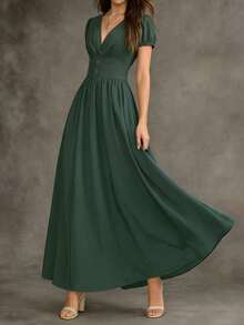 女士优雅长裙，时尚泡泡袖V领设计，法式复古风，收腰喇叭裙摆，夏季约会之夜连衣裙 - 綠色 - 查看 3