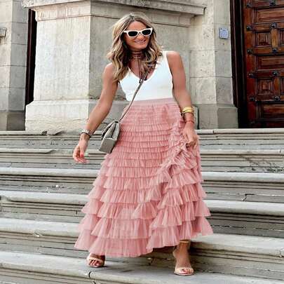 Stufenrock aus Tüll für Damen, Midirock, langer Tüllrock, erhältlich in verschiedenen Größen, geeignet für ein Gewicht von 80-135 Pfund.