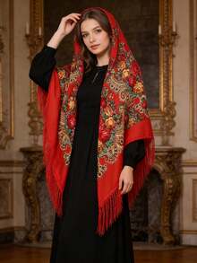 NAAMLOOS 1pc 155x155cm Floral Print Bohemian Vintage Polyester Tassel Oversized Scarf/Shawl, High-End, Versatile For Women, All Seasons - Multicolor - View 5