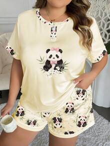 Plus Size Women's Fashion Sleepwear Set, Patchwork Design Faux Button, Ink Painting Panda & Bamboo Print Round Neck Short Sleeve Top + Allover Print Shorts 2 Piece Casual Suit - Multicolor - View 4