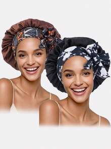 2pcs Women's Multicolor Printed Elastic Band Satin Bonnet For Daily Use Silk Bonnet Satin Bonnet - Multicolor - View 7