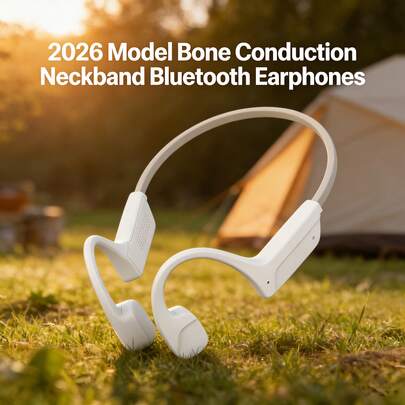 2026款骨传导蓝牙5.4颈挂式无线运动耳机，开放式设计，8小时续航，IPX8级防水，带麦克风，3D立体声，适合跑步、骑行、徒步、健身等运动 - 白色