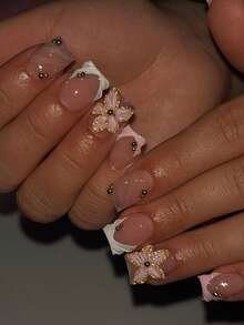 10片粉色镶边3D雕刻短方甲片，Y2K法式美甲裸粉色百搭手工美甲配件，配金色珠子，适合日常佩戴，按压式美甲贴片，手工按压式美甲 - 粉色 - 查看 5