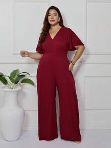 Women's Plus Size Plain Long Jumpsuit, Wide Leg, Short Sleeve, V-Neck, Ruched Front, Comfortable - 紅木色 - 查看 2