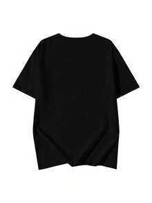 女士圆领短袖T恤，夏季新款卡通小狗图案字母印花，时尚休闲百搭宽松上衣 - 黑色 - 查看 4