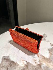 1个橙色亮片双面水钻装饰手拿包，金属链条肩带，时尚优雅晚宴包，经典正式派对婚礼新娘手拿包，适合正式场合、派对、婚礼、音乐节，女士礼物 - 橘色 - 查看 8