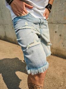 Light Blue Distressed Denim Shorts For Men, Loose Straight Leg Casual Shorts, Summer - Light Wash - View 5
