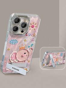 1 pieza Funda de teléfono pintada con elefante recubierto de brillo con soporte de metal 3D, compatible con iPhone 11/12/13/14/15/16/17/Pro Max - Rosa - Ver 1