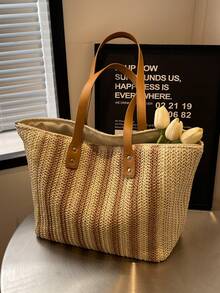 1pc New Women's Shoulder Tote Bag, Straw Craft Striped Pattern, Elegant Fashionable Versatile Casual Commute Gift, Large Capacity Stylish Bag - Khaki - View 1
