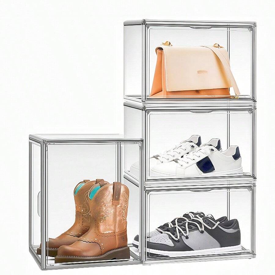 1/2/3pcs Transparent Magnetic Front-Open Shoe Storage Boxes, Thick PET Material, Dustproof & Moisture-Proof, Stackable, Suitable For Wardrobe, Hallway, Bedroom To Store Sneakers, High Heels, Boots, Bags, Large Capacity, Stable, Modern & Practical Storage Organizer