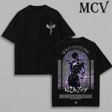 Super Value Hot  Washed T-Shirt [COLLECTION] Best Solo Leveling Shirt Statue Of God - Sung Jin Woo Shirt - Solo Leveling Anime Double Printed Oversize Lightweight Acid Washed Tee Suitable As A Gift For Fans SD0081 - 黑色 - 查看 4