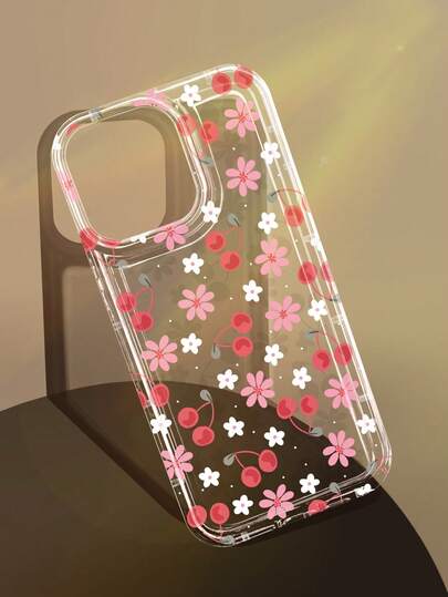 1 capa transparente antiderrapante com estampa floral de cereja e bolinhas, compatível com iPhone 11/12/13/14/15/16/17 Pro Max.