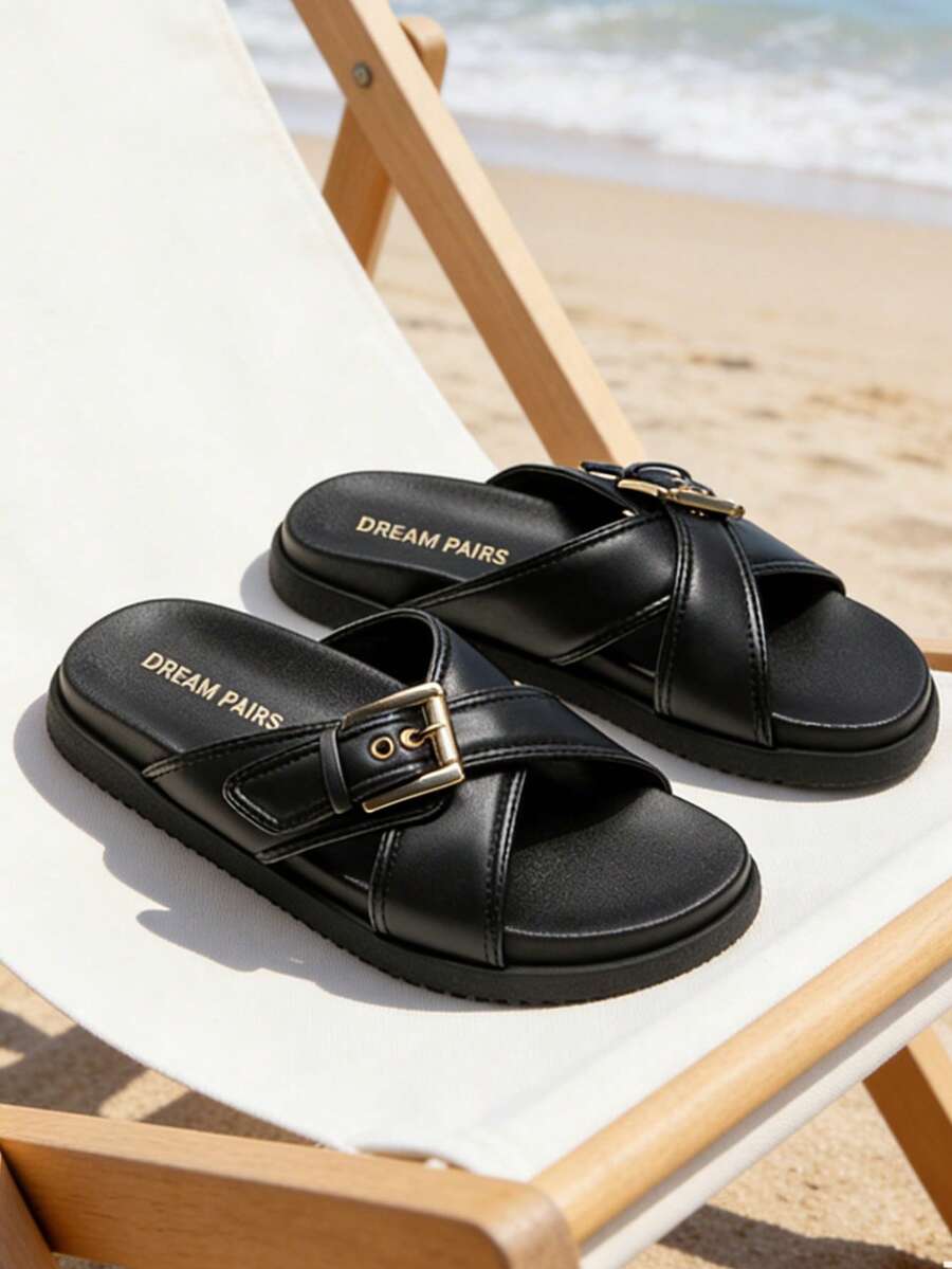 Women Summer Slides Sandals Platform Sandals Slippers Crossover Buckled Flat Slides Sandal Comfortable For Beach Vacation Fashion Slip-On Shoes - 黑色 - 查看 1