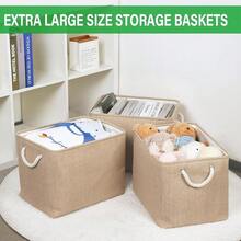 Fabric Storage Baskets For Shelves 3 Pack Large Storage Bins For Organizing Linen Collapsible Organizer For Closet-Flaxen - 亞麻 - 查看 4