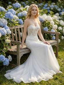 YOUKEFEIER New Strapless Mermaid Wedding Dress With Sheer Mesh, Waist Cinching Design And Train, Suitable For Bridal Ceremony/Reception - Beige - View 6