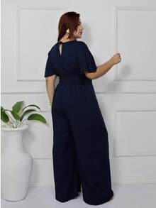 Women's Plus Size Plain Long Jumpsuit, Wide Leg, Short Sleeve, V-Neck, Ruched Front, Comfortable - 藏蓝色 - 查看 8