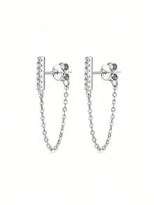 925纯银方形锆石链耳环，法式风格，个性化定制，低过敏性，情人节礼物，日常派对佩戴皆宜 - 銀色 - 查看 1