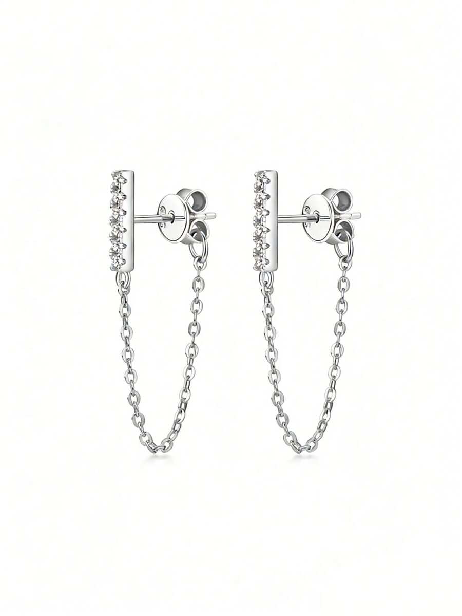 925纯银方形锆石链耳环，法式风格，个性化定制，低过敏性，情人节礼物，日常派对佩戴皆宜 - 銀色 - 查看 1