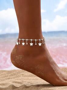 1pc Butterfly Tassel Glass Rhinestone Creative Elegant Chain Anklet, Suitable For Women's Daily Wear And Summer Beach Vacation - White K - View 4