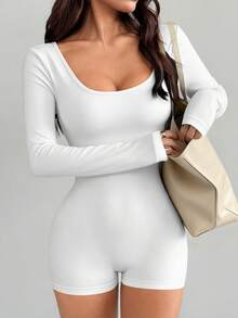 Bộ áo liền quần nữ AiTyi, kiểu dáng vừa vặn, tối giản, cổ chữ U, tôn dáng, thời trang, gợi cảm, đa năng, thích hợp cho hoạt động ngoài trời, thể thao, lễ tốt nghiệp, tựu trường, lễ Phục sinh, mùa đông, chất liệu dệt kim, tay dài, thanh lịch, màu trắng mùa xuân. - trắng - Xem 2