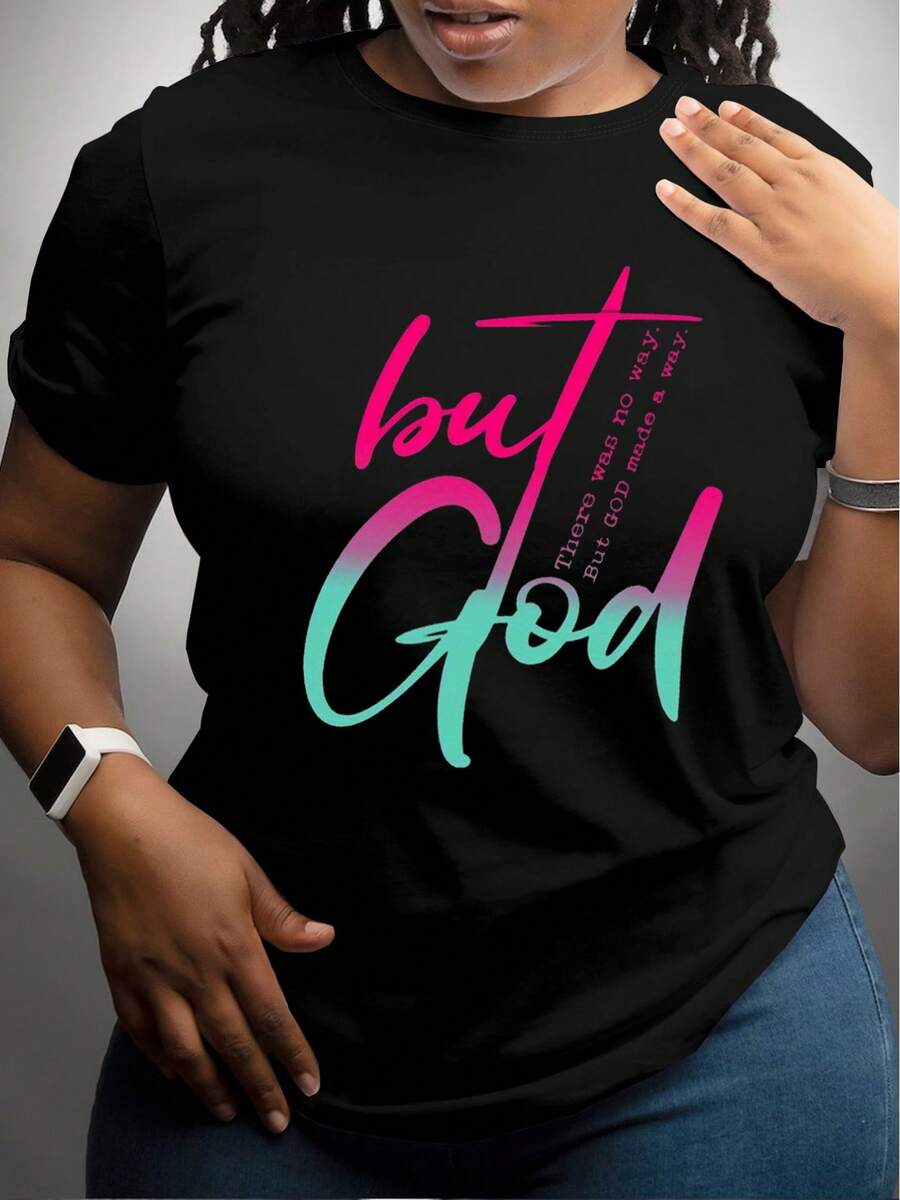 But God' Inspirational T-Shirt For Women - Stylish Black Tee With Gradient Pink To Teal Text - Features Uplifting Message: 'Things Were Going Wrong, But God Made A Way' - Comfortable And  Casual Wear - Plus Size Available - Ideal For Everyday Style And Faith-Focused Gifts - màu đen - Xem 1