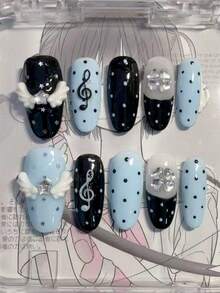 Handmade Oval Black & Baby Blue Press-On Nails - 10Pcs, With 3D White Angel Wings, Treble Clef Patterns, Polka Dots, Cluster Rhinestones & Silver Stars | Kawaii Gothic Lolita Style Reusable False Nails For Anime Events & Dates | Includes Jelly Glue & Mini Nail File Handmade Press On Nails - Follow Your Heart - View 3