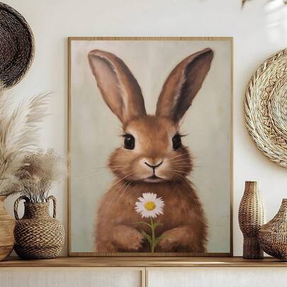 1pc, Canvas Wall Art, Framed Wall Decor, Vintage Easter Wall Hanging, Easter Bunny Holding Flowers Oil Painting, Easter Farmhouse Decor, Rustic Cottage Style Wall Art, Easter Decorations, Easter Poster, Spring Decor, Spring Home Decor, Room Decor Aesthetics, Dorm Decor, Living Room Decor, Dining Room Decor, Kitchen Decor, Bedroom Decor, Spring Poster