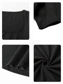 女士U领短袖T恤，美式风格，夏季新款字母印花时尚百搭修身露脐上衣 - 黑色 - 查看 5