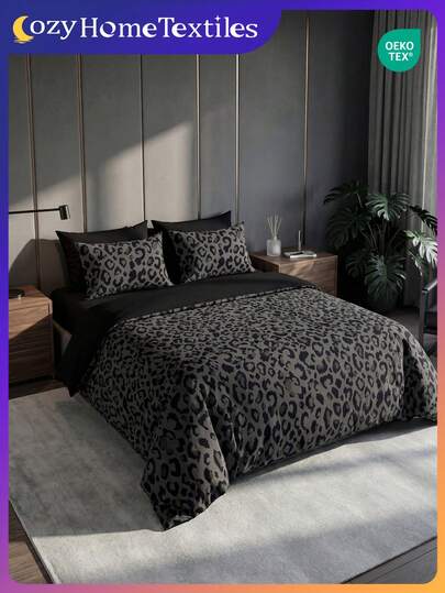 2/3pcs Bedding Set (1pc Duvet Cover + 1/2pcs Pillowcase, No Filler), Charcoal Gray Leopard Print, Breathable & Comfortable, Skin-Friendly Soft Anti-Pilling, Suitable For Double/Full/Queen/King Size Bed, All Season, Multi-Size Options, Machine Washable, Elegant Bedroom Decor, Black, Oeko-Tex Certified