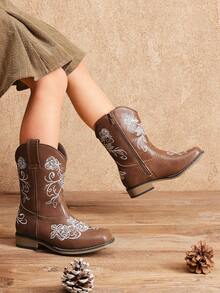 Girls Cowboy Boots Floral Embroidered Classic Western Cowgirl Boots Square Toe Mid Calf Side Zipper Horsing Party Toddler/Little/Big Kids - 棕色 - 查看 3