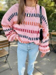 Plus-Size Colorful Striped Sweater, Women's Openwork Knit Sweater - 粉色 - 查看 1