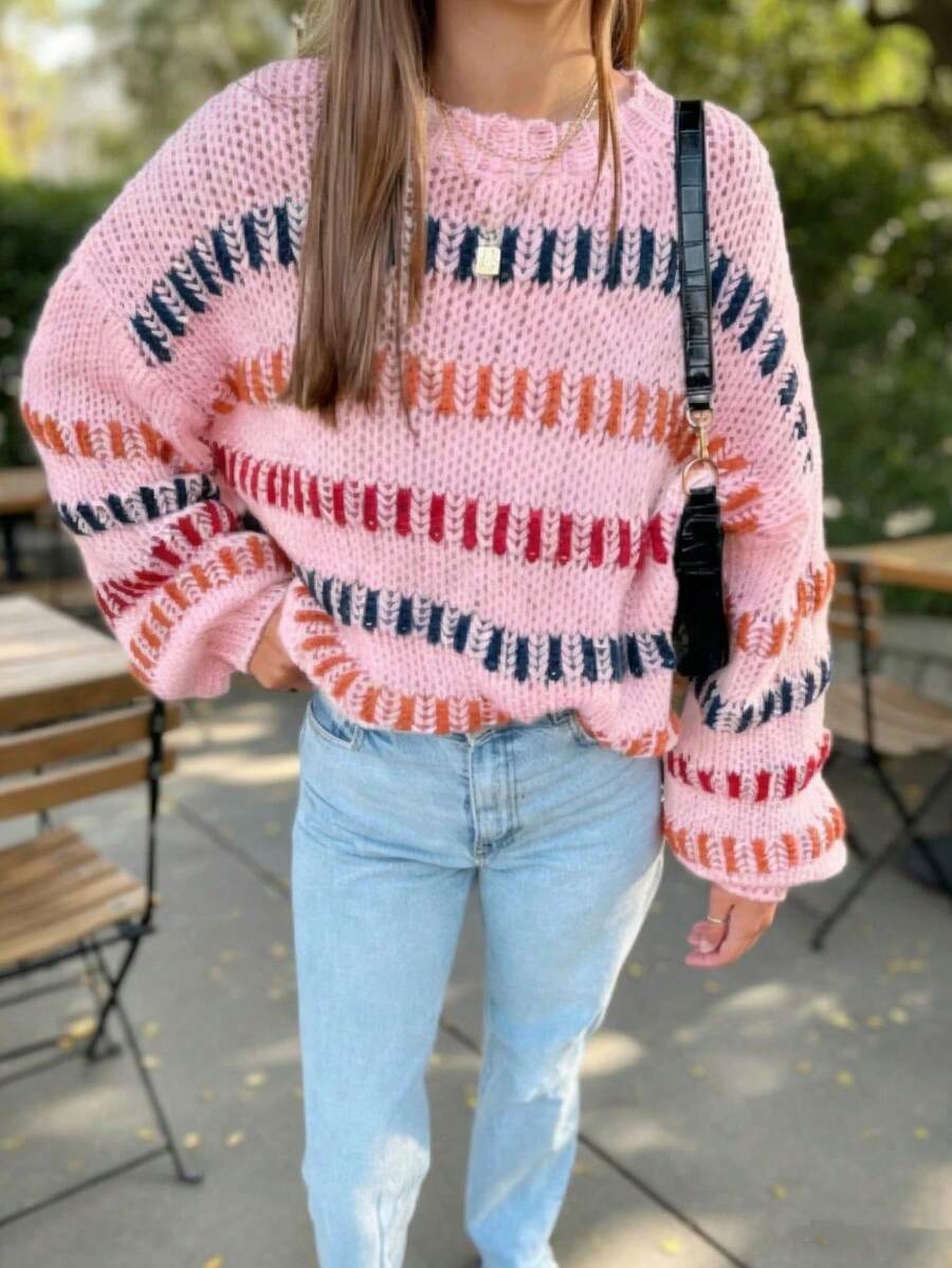 Plus-Size Colorful Striped Sweater, Women's Openwork Knit Sweater - 粉色 - 查看 1