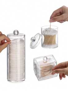Hộp đựng tăm bông vệ sinh phòng tắm, 3 hộp, làm bằng nhựa trong suốt, có thể đựng tăm bông, bông tẩy trang, miếng lau, chỉ nha khoa, thích hợp để cất giữ trên bàn trang điểm, trong phòng tắm, trên bàn làm việc, v.v. - Nhiều màu - Xem 5