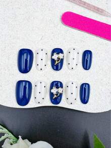 10pcs Set Of Handmade Nail Stickers, Navy Blue Almond Shape, Beautiful Fragrance Style French Manicure Stickers, Matte Nail Stickers - Navy Blue - View 7
