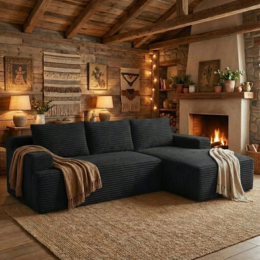 LUCKHAO 96" Cloud Sectional Couch With L-Shape Chaise,Modern Modular Sofa With Deep Seat, Upholstered Couches For Living Room Bedroom,No Assembly Required, Black(Plush Corduroy Fabric) - 96寸黑右 - 查看 1