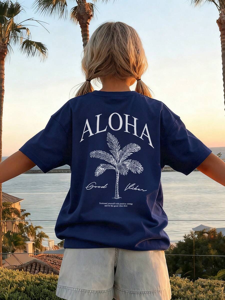 1件女童休闲彩色印花圆领短袖T恤，夏季学生青少年服装 - 充满活力的时尚印花T恤激发想象力和自我表达