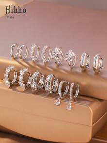 Hihho 14pcs Silver Zirconia Multi-Style Hoop Earrings Set, Minimalist Plain Hoops / Flower / Heart / Water Drop Pendant Earrings, Luxurious Layered Accessories For Daily Wear, Versatile Designs To Create A Sophisticated Look - Stacking Earrings - View 6