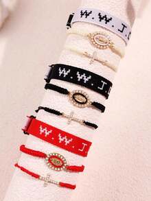 3件套 时尚独特设计 百搭个性化编织字母、十字架、圣母玛利亚吊坠手链套装，男女皆宜，日常佩戴及节日礼物首饰 - 彩色 - 查看 1