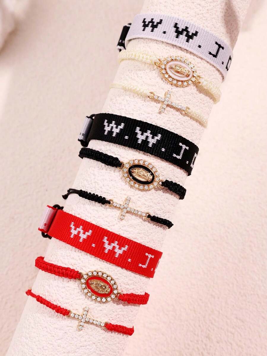 3件套 时尚独特设计 百搭个性化编织字母、十字架、圣母玛利亚吊坠手链套装，男女皆宜，日常佩戴及节日礼物首饰 - 彩色 - 查看 1