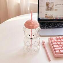 1/2pcs 590ml Mini Bear-Shaped Glass Cup With Pink Hat Lid & Straw - Transparent Adorable Bear Bottle For Drinking, Cute Glass Glass Vessel For Home Office Use, Christmas Gift 2025, Reading Vessel, Holiday Present, Playful Drinkware, Durable Glassware - 粉色 - 查看 7