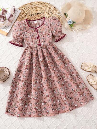 Left Mama Girls' Elegant Vintage Pink Ditsy Floral Short Sleeve Dress, Gentle Lady Style Suitable For Travel & Vacation, Summer